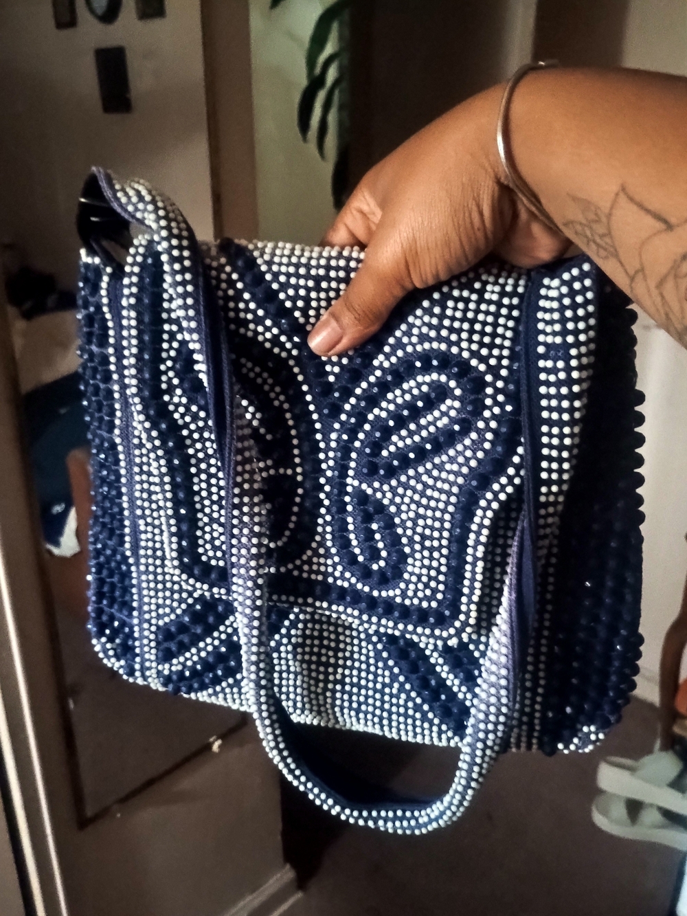 Navy Beaded Shoulder Bag - Elegant Navy Blue Handbag